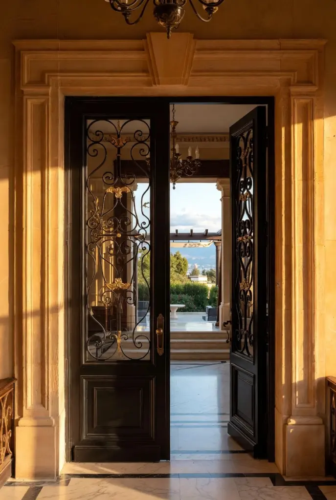 Grand villa entrance with ornate wrought iron doors opening to a private garden and lake view representing exclusive Swiss off-market real estate