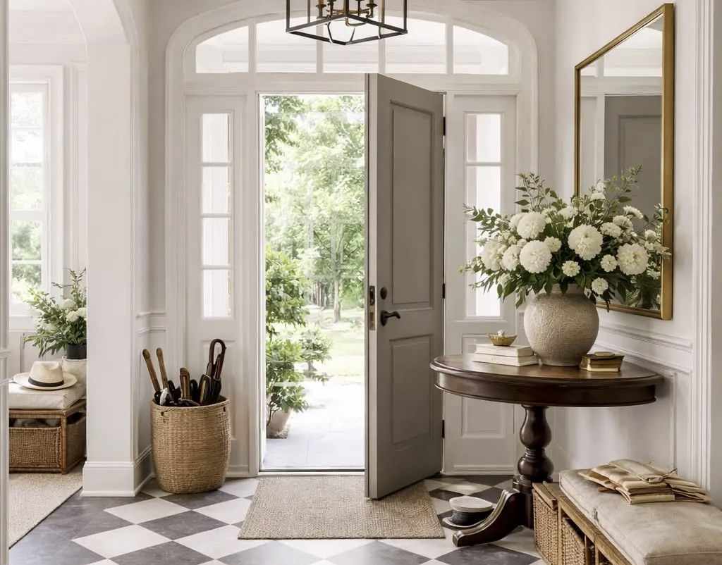 Elegant luxury home entrance hall with checkered floor and white floral arrangement representing first impressions when selling a luxury property