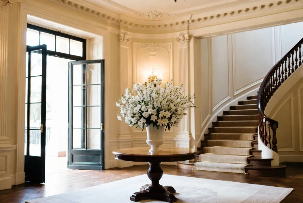 Grand luxury villa entrance hall with curved staircase and white floral arrangement representing the path to Swiss property ownership