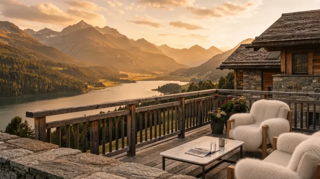 St. Moritz lakeside villa surrounded by mountains in autumn